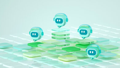 Four stylized AI robots hover over a grid of translucent tiles.