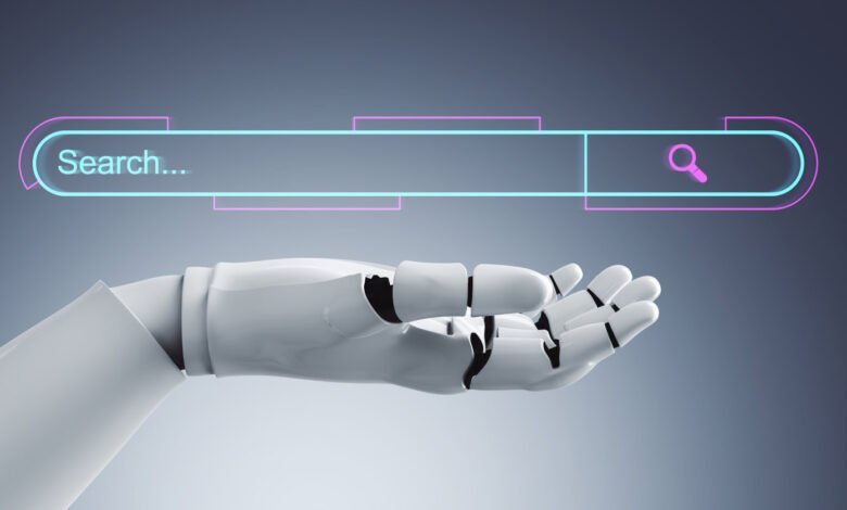 Robot hand holding a glowing search bar with 'Search...' text.