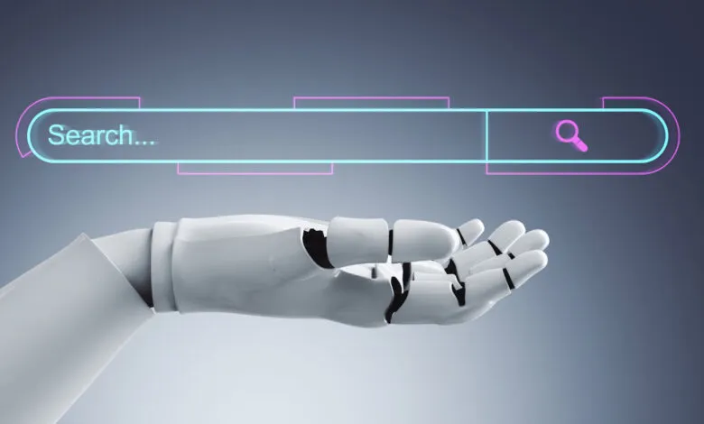 Robot hand holding a glowing search bar with 'Search...' text.
