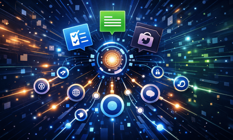 Abstract network with icons representing tasks, messages, and security.