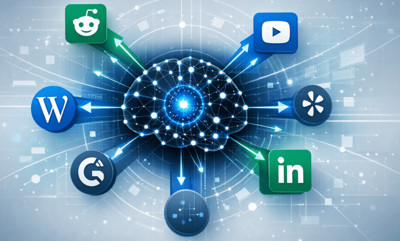 AI brain connected to social media platforms like Reddit, YouTube, and LinkedIn.