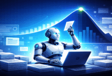 Robot analyzes data, working at laptop with charts and stacks of documents.