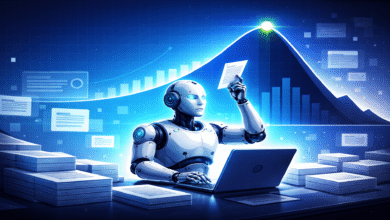 Robot analyzes data, working at laptop with charts and stacks of documents.