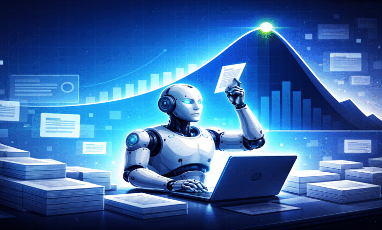 Robot analyzes data, working at laptop with charts and stacks of documents.