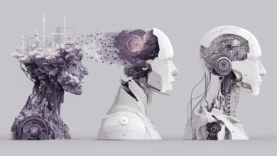 Three AI head profiles showing evolution from city to circuit board.