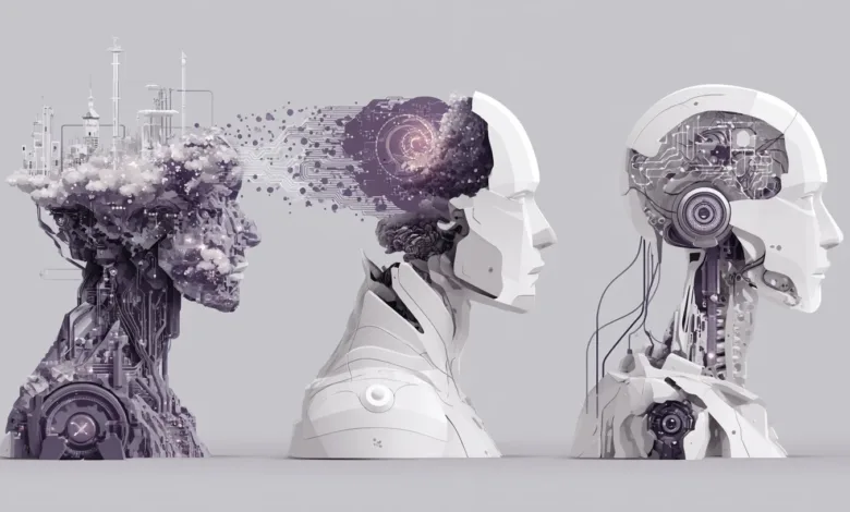 Three AI head profiles showing evolution from city to circuit board.