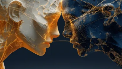 Abstract digital art of two faces in profile, one gold and one blue, facing each other.