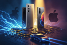 Three smartphones stand on chips with lightning and a car in the foreground.