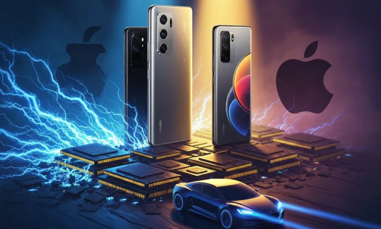 Three smartphones stand on chips with lightning and a car in the foreground.