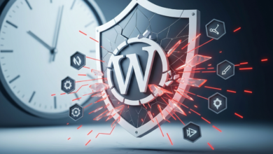 WordPress logo on shield breaking apart, clock in background.