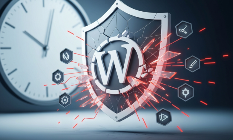 WordPress logo on shield breaking apart, clock in background.