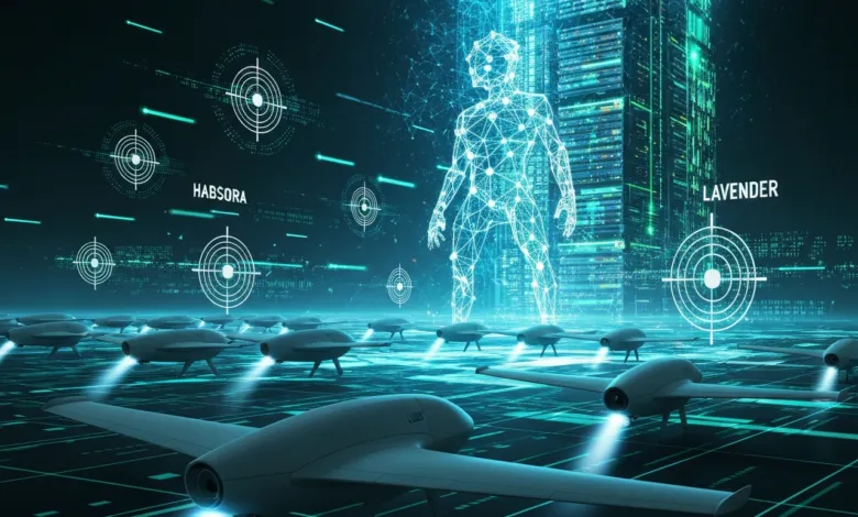 Futuristic scene with drones, digital human, and city backdrop.