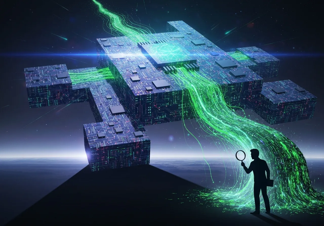 Abstract image of a circuit board structure with a person holding a magnifying glass.