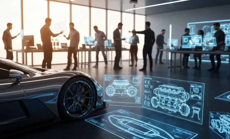 Car design team reviews blueprints in modern, sunlit office space.