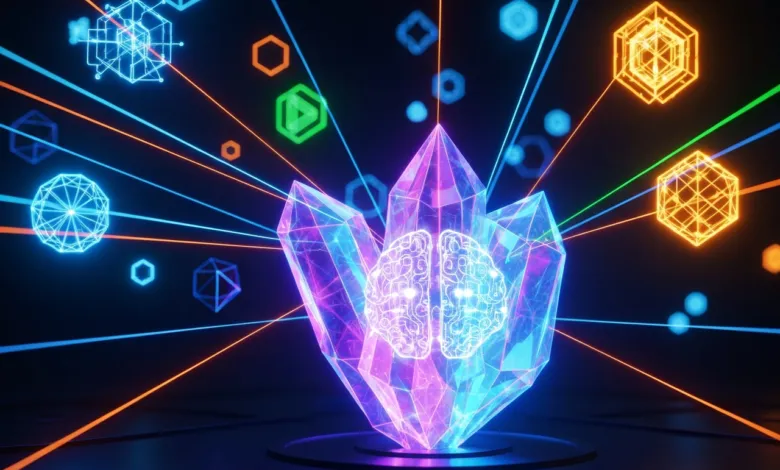 Glowing crystal formation with brain graphic, connected by colorful lines.