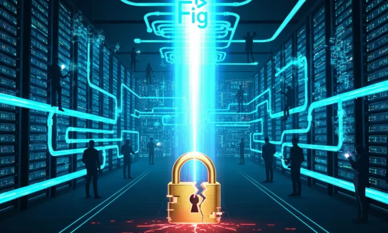 Cracked gold padlock in server room with blue light beam and silhouetted figures.