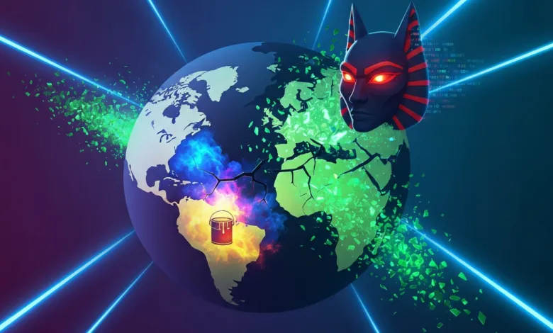 Stylized Earth with cracks, paint bucket, Anubis-like face, and digital effects.