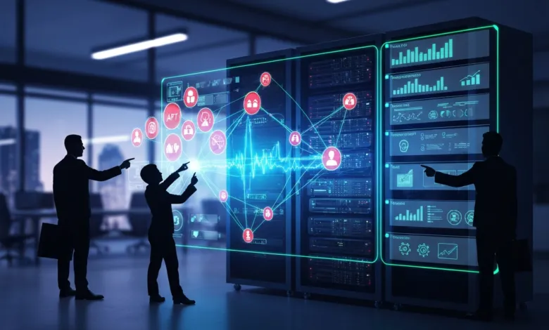 Silhouetted figures interact with a glowing server rack interface.