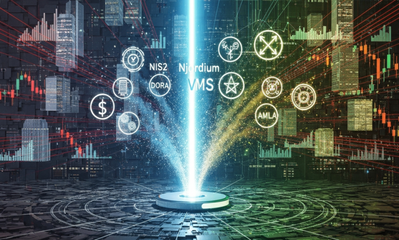 Abstract financial data visualization with glowing symbols and cityscapes.