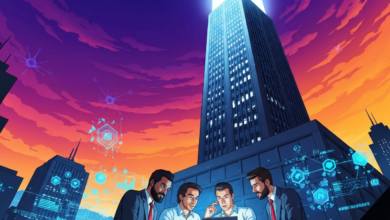 Four business people collaborate on a tablet in a futuristic city setting.