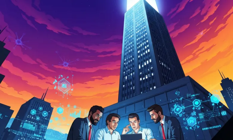 Four business people collaborate on a tablet in a futuristic city setting.