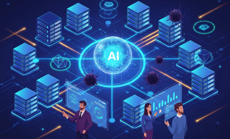 AI-powered network with data servers and analysts reviewing data.