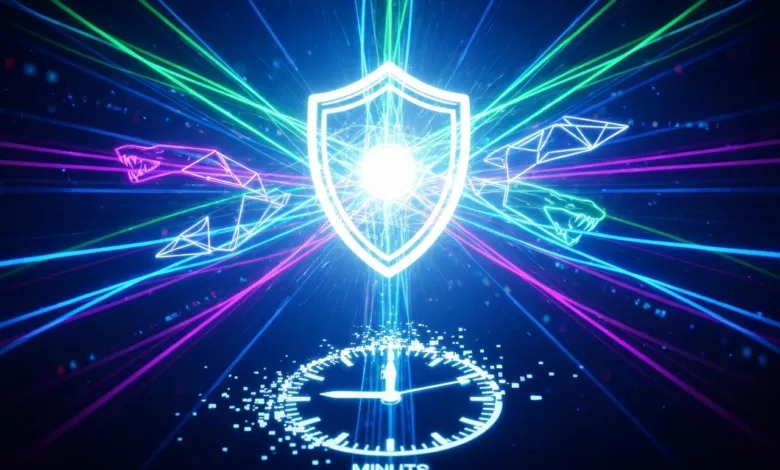 Glowing shield with snakes and clock, symbolizing security and time.