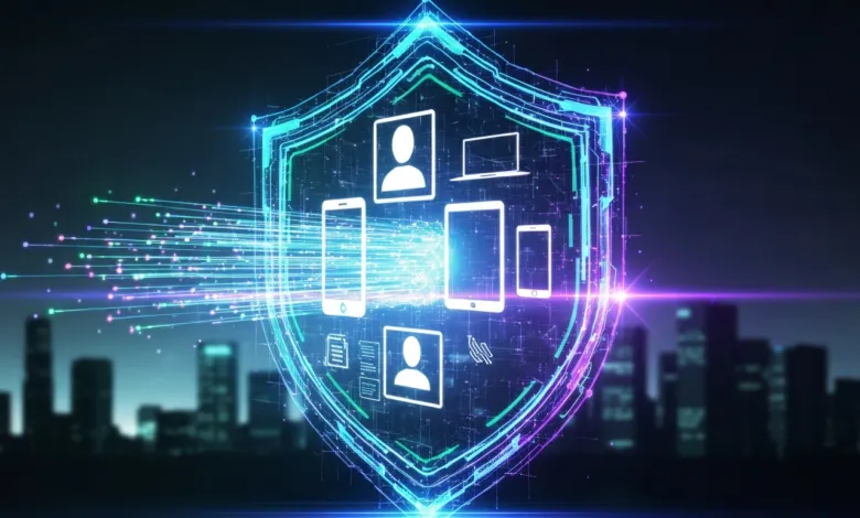 Glowing shield icon with device symbols against a blurred city skyline.