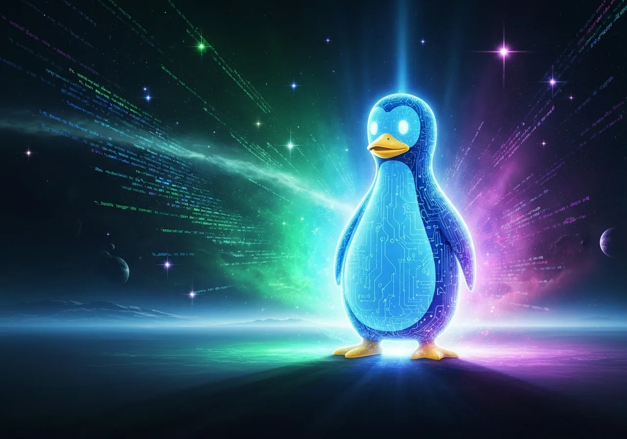 Futuristic penguin with circuit board design stands in a cosmic landscape.