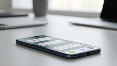 Smartphone displaying a messaging app on a white desk with laptop and plant.