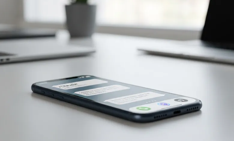 Smartphone displaying a messaging app on a white desk with laptop and plant.