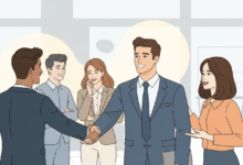 Business professionals shaking hands in a modern office setting.