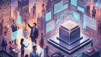 Diverse group interacts with holographic data in futuristic cityscape.