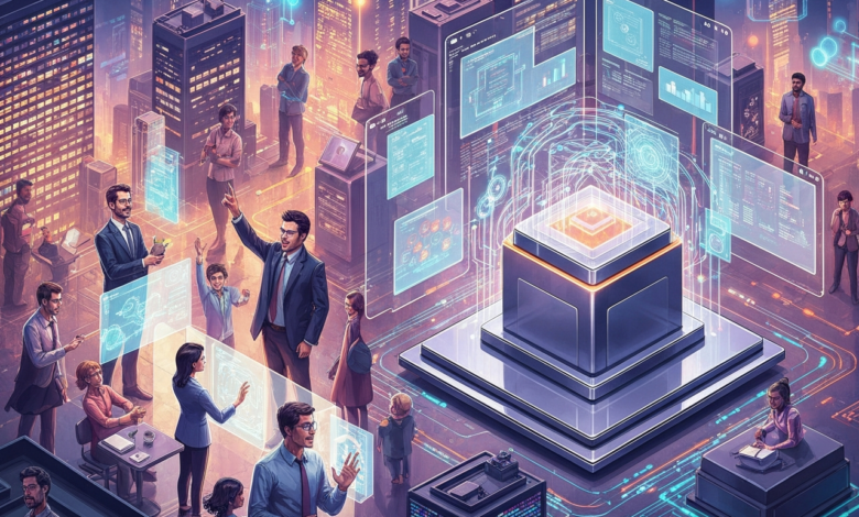 Diverse group interacts with holographic data in futuristic cityscape.