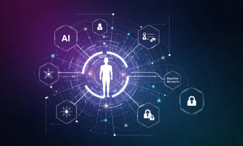 AI human connection with data points and security icons on a purple-blue gradient background.