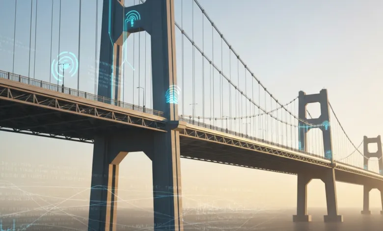 Futuristic bridge with digital overlays, suggesting smart infrastructure.