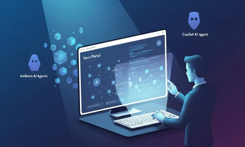 Man interacts with AI-powered Terra Portal on a large screen, surrounded by AI agents.