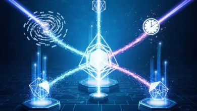 Abstract digital art with geometric shapes, data streams, and circuit board patterns.