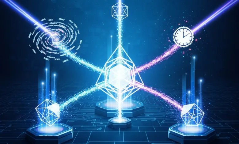 Abstract digital art with geometric shapes, data streams, and circuit board patterns.