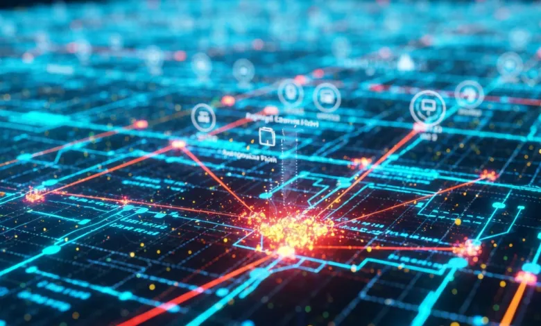 Abstract digital network with glowing nodes and connecting lines.