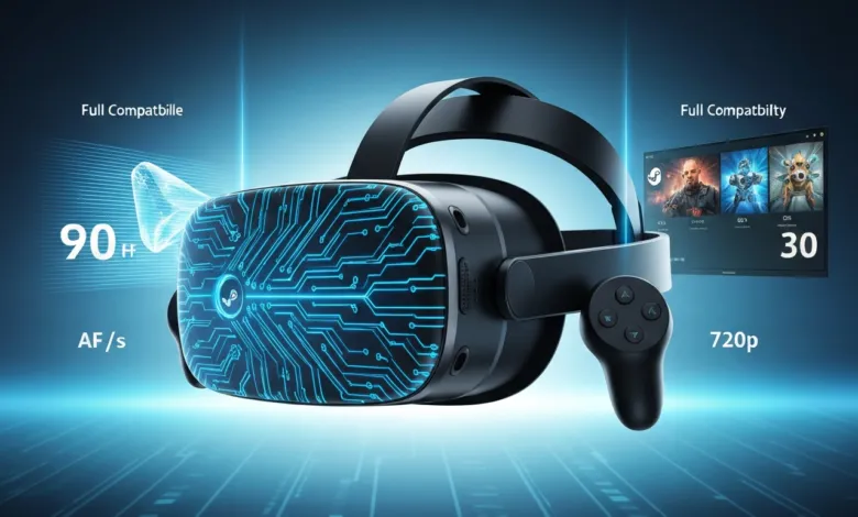VR headset with controller, featuring blue circuit board design and tech specs.
