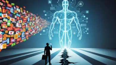 AI-powered shopping: Man with magnifying glass faces digital human.