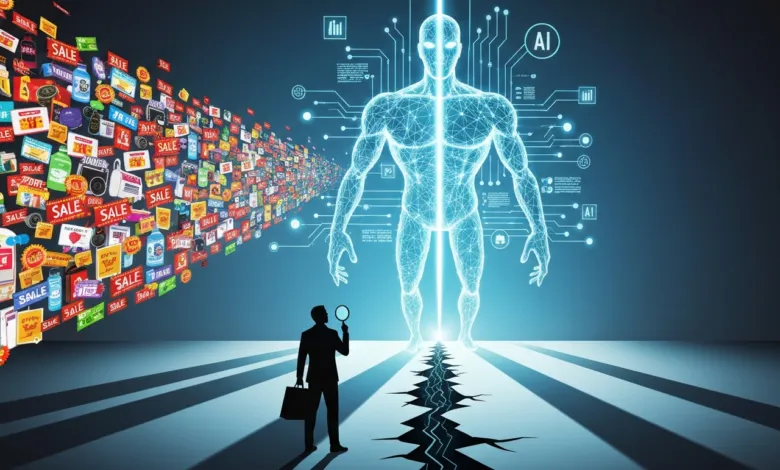 AI-powered shopping: Man with magnifying glass faces digital human.