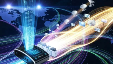 Data streams from device across world map to satellites and screens.