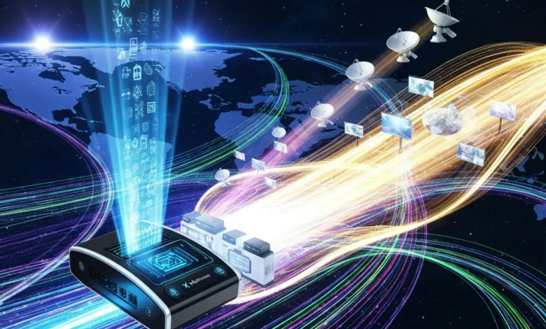 Data streams from device across world map to satellites and screens.