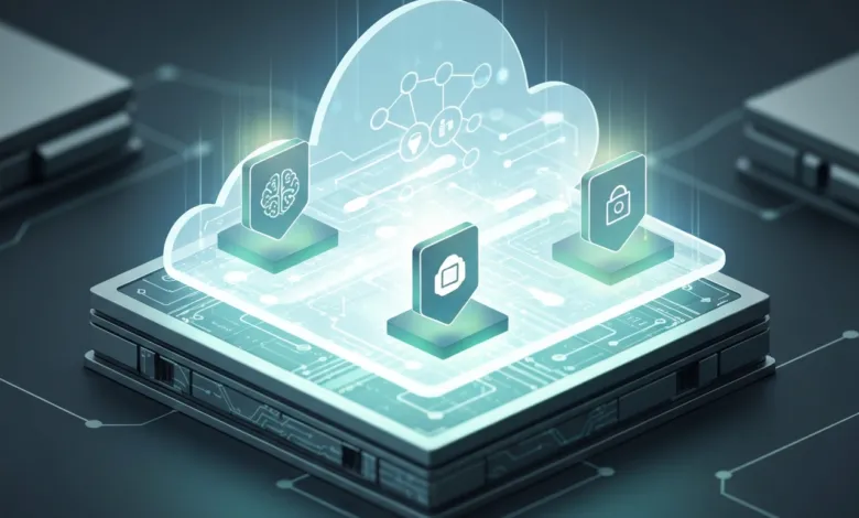 Cloud computing concept with brain, file, and lock icons on a server.