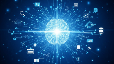 Glowing brain with data icons radiating outwards on a blue background.