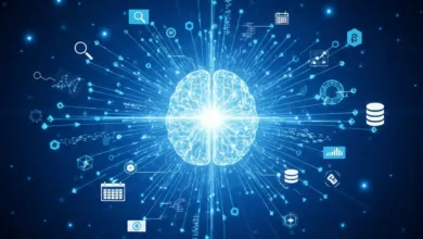 Glowing brain with data icons radiating outwards on a blue background.