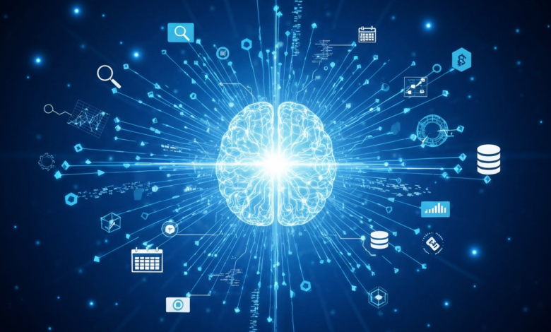 Glowing brain with data icons radiating outwards on a blue background.