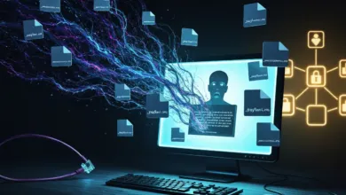 Computer screen displaying data breach with files and shocked face.